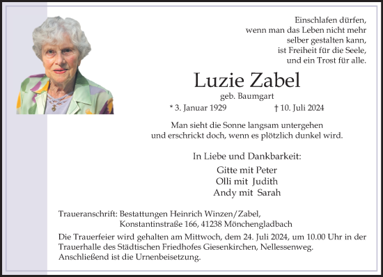 Traueranzeige von Luzie Zabel von trauer.extra-tipp-moenchengladbach.de