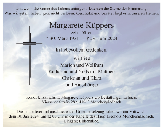 Traueranzeige von Margarete Küppers von trauer.extra-tipp-moenchengladbach.de