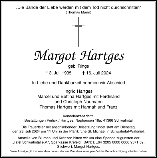 Traueranzeige von Margot Hartges von trauer.extra-tipp-moenchengladbach.de