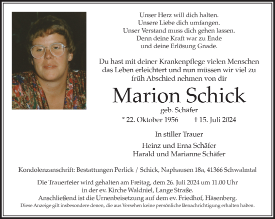 Traueranzeige von Marion Schick von trauer.extra-tipp-moenchengladbach.de