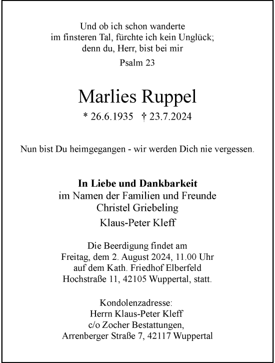 Traueranzeige von Marlies Ruppel von trauer.wuppertaler-rundschau.de