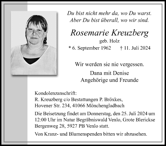 Traueranzeige von Rosemarie Kreuzberg von trauer.extra-tipp-moenchengladbach.de