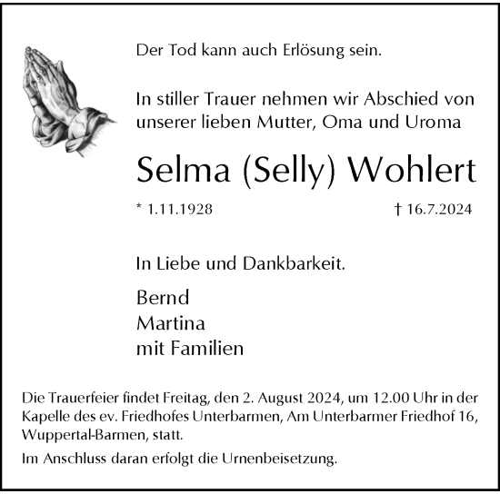 Traueranzeige von Selma Wohlert von trauer.wuppertaler-rundschau.de