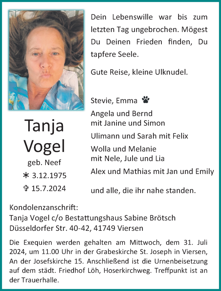  Traueranzeige für Tanja Vogel vom 21.07.2024 aus trauer.extra-tipp-moenchengladbach.de