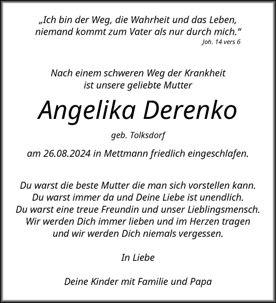 Traueranzeige von Angelika Derenko von trauer.duesseldorfer-anzeiger.de