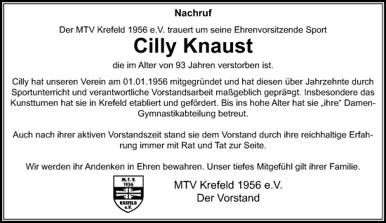 Traueranzeige von Cilly Knaust von trauer.extra-tipp-moenchengladbach.de