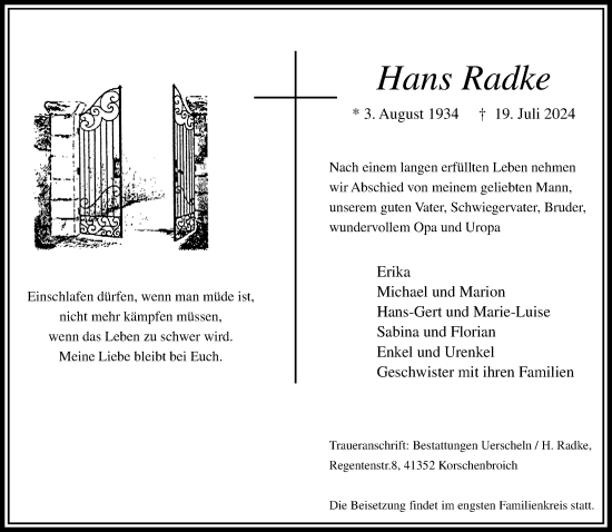 Traueranzeige von Hans Radke von trauer.extra-tipp-moenchengladbach.de