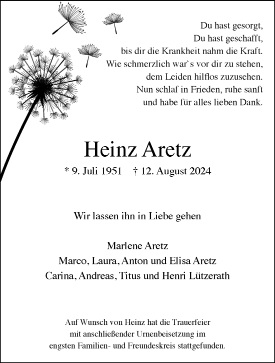 Traueranzeige von Heinz Aretz von trauer.extra-tipp-moenchengladbach.de