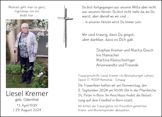 Traueranzeige von Liesel Kremer von trauer.extra-tipp-moenchengladbach.de