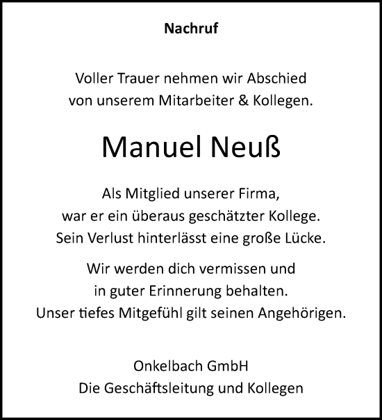 Traueranzeige von Manuel Neuß von trauer.extra-tipp-moenchengladbach.de