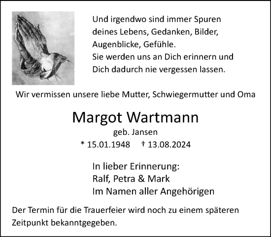 Traueranzeige von Margot Wartmann von trauer.extra-tipp-moenchengladbach.de