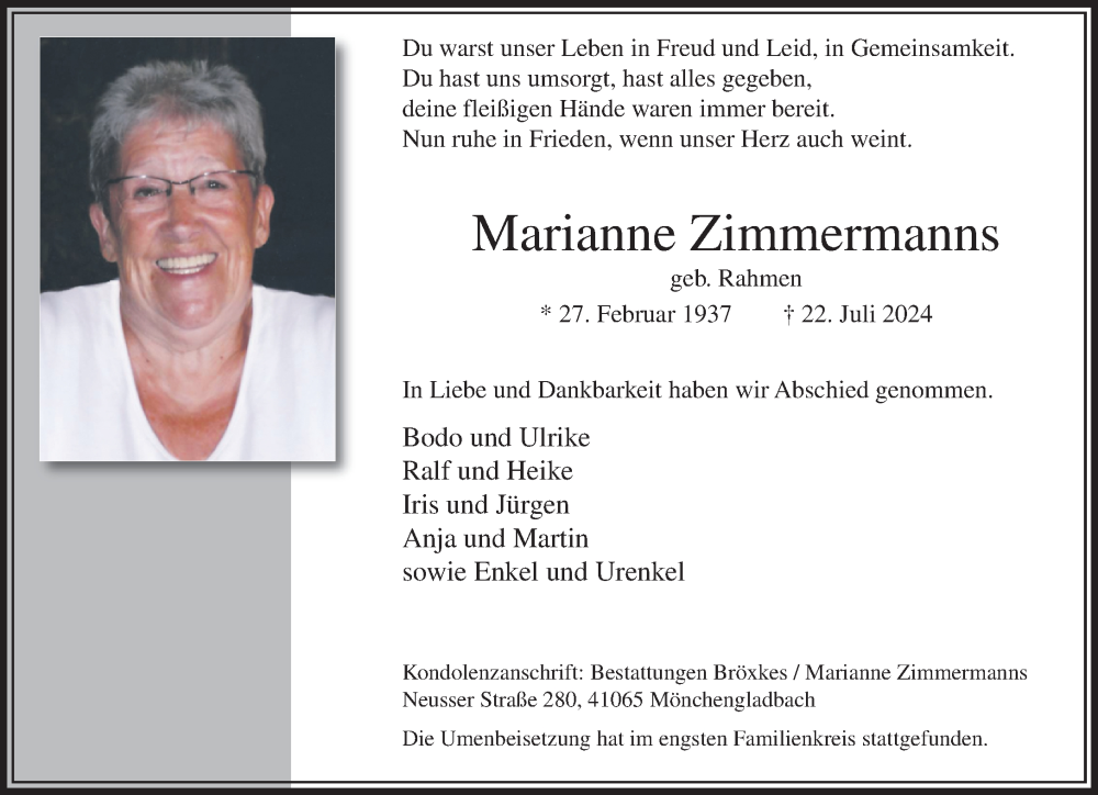  Traueranzeige für Marianne Zimmermanns vom 18.08.2024 aus trauer.extra-tipp-moenchengladbach.de