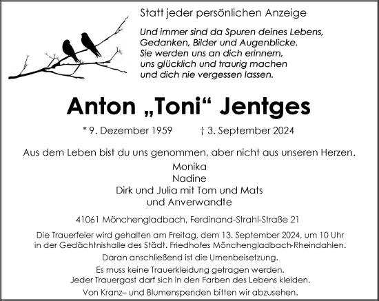 Traueranzeige von Anton Jentges von trauer.extra-tipp-moenchengladbach.de