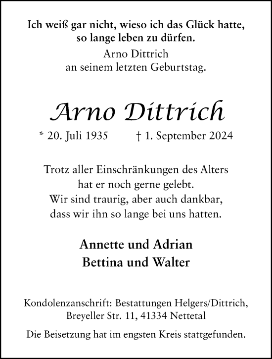 Traueranzeige von Arno Dittrich von trauer.extra-tipp-moenchengladbach.de