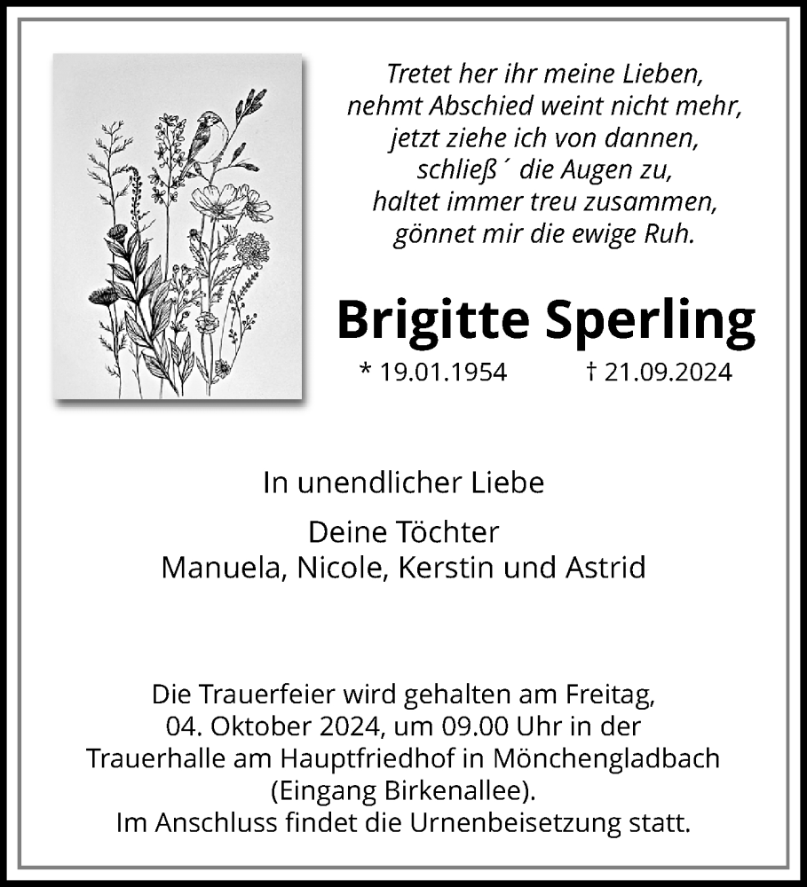  Traueranzeige für Brigitte Sperling vom 29.09.2024 aus trauer.extra-tipp-moenchengladbach.de