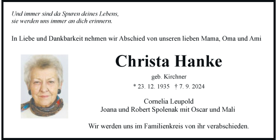 Traueranzeige von Christa Hanke von trauer.wuppertaler-rundschau.de