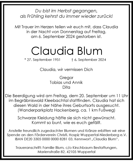 Traueranzeige von Claudia Blum von trauer.wuppertaler-rundschau.de