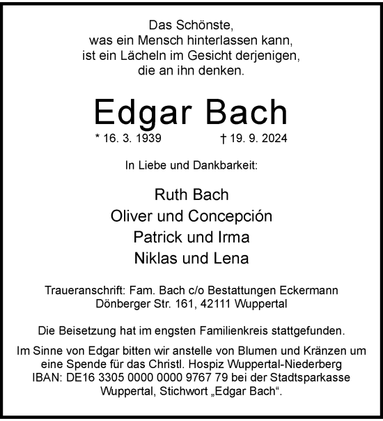 Traueranzeige von Edgar Bach von trauer.wuppertaler-rundschau.de