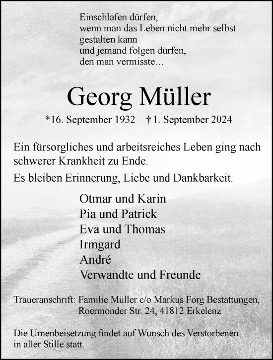 Traueranzeige von Georg Müller von trauer.extra-tipp-moenchengladbach.de