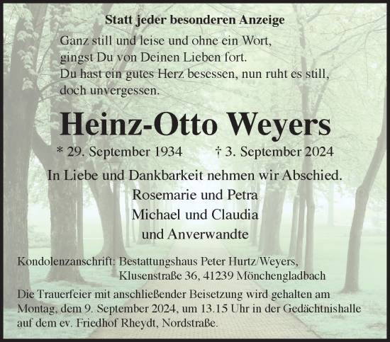 Traueranzeige von Heinz-Otto Weyers von trauer.extra-tipp-moenchengladbach.de