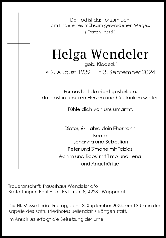 Traueranzeige von Helga Wendeler von trauer.wuppertaler-rundschau.de