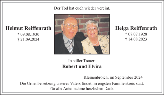 Traueranzeige von Helmut und Helga Reiffenrath von trauer.extra-tipp-moenchengladbach.de