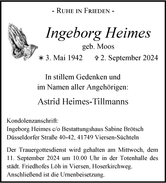 Traueranzeige von Ingeborg Heimes von trauer.extra-tipp-moenchengladbach.de