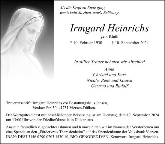 Traueranzeige von Irmgard Heinrichs von trauer.extra-tipp-moenchengladbach.de