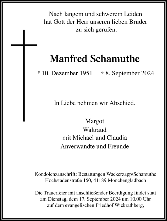 Traueranzeige von Manfred Schamuthe von trauer.extra-tipp-moenchengladbach.de