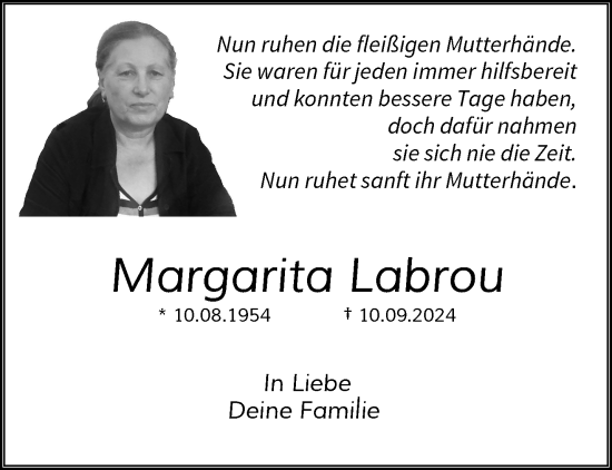 Traueranzeige von Margarita Labrou von trauer.wuppertaler-rundschau.de