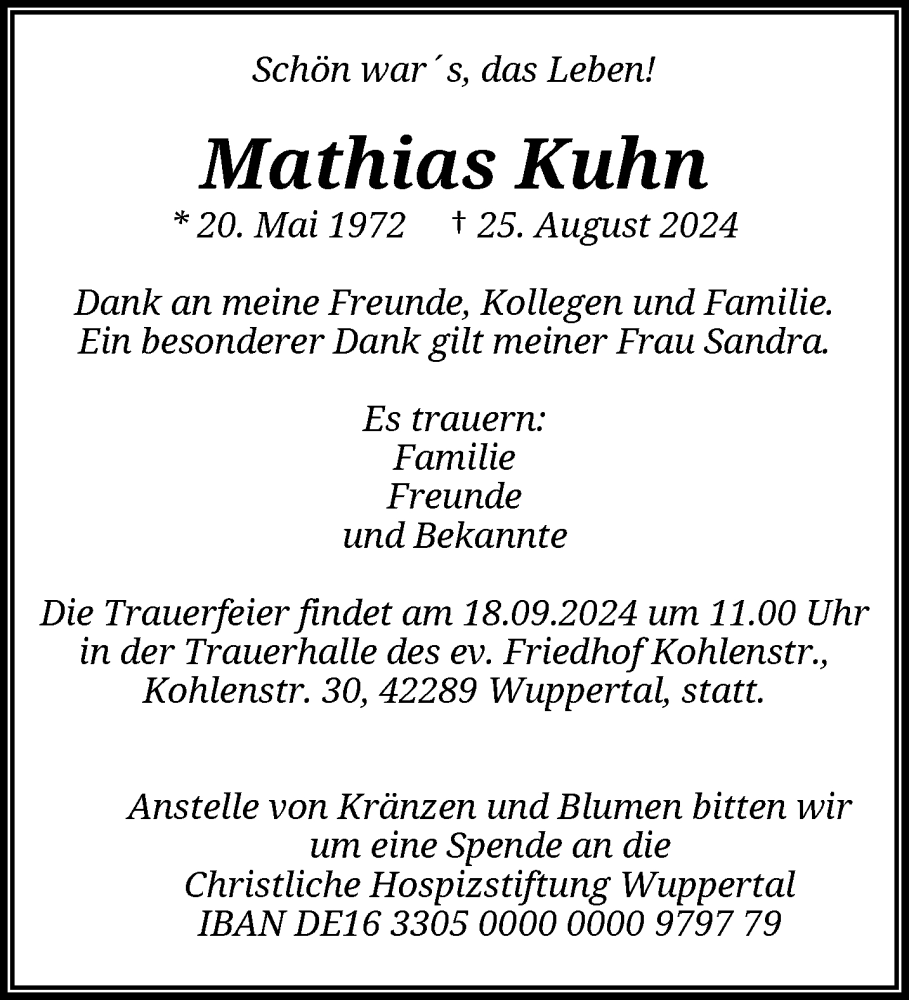  Traueranzeige für Mathias Kuhn vom 14.09.2024 aus trauer.wuppertaler-rundschau.de