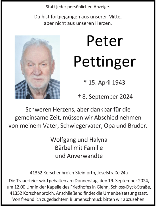 Traueranzeige von Peter Pettinger von trauer.extra-tipp-moenchengladbach.de