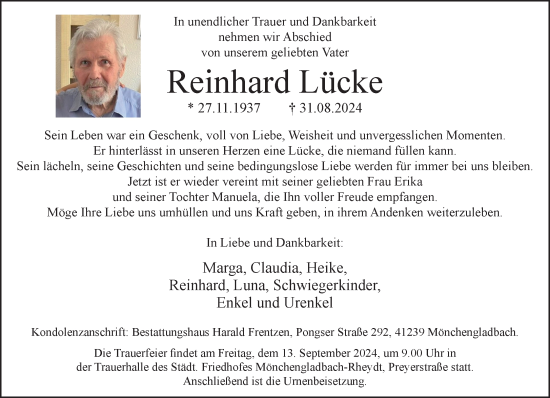 Traueranzeige von Reinhard Lücke von trauer.extra-tipp-moenchengladbach.de