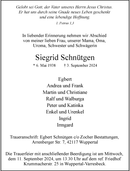 Traueranzeige von Siegrid Schnütgen von trauer.wuppertaler-rundschau.de