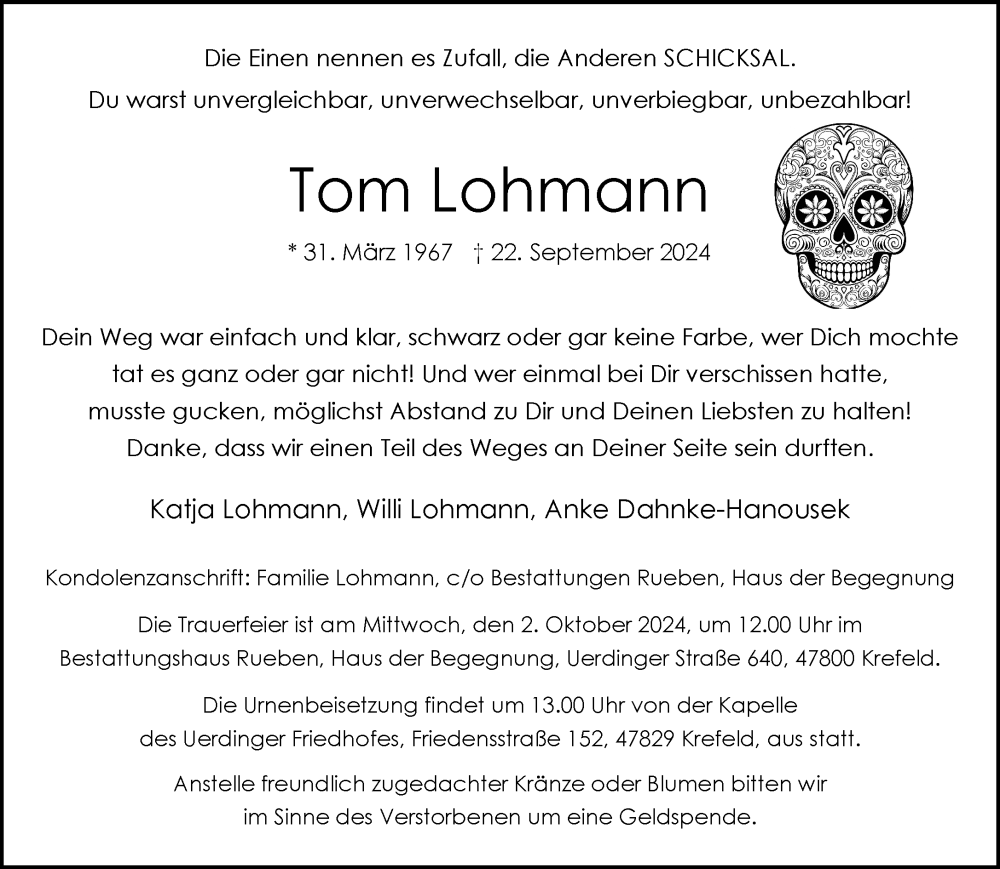  Traueranzeige für Tom Lohmann vom 29.09.2024 aus trauer.extra-tipp-moenchengladbach.de