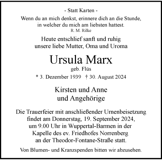 Traueranzeige von Ursula Marx von trauer.wuppertaler-rundschau.de