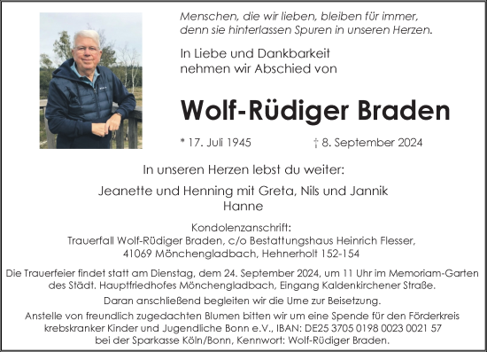 Traueranzeige von Wolf-Rüdiger Braden von trauer.extra-tipp-moenchengladbach.de