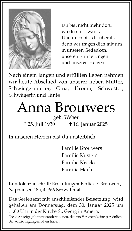 Traueranzeige von Anna Brouwers von trauer.extra-tipp-moenchengladbach.de