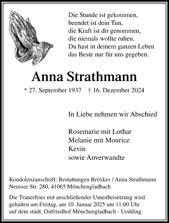 Traueranzeige von Anna Strathmann von trauer.extra-tipp-moenchengladbach.de