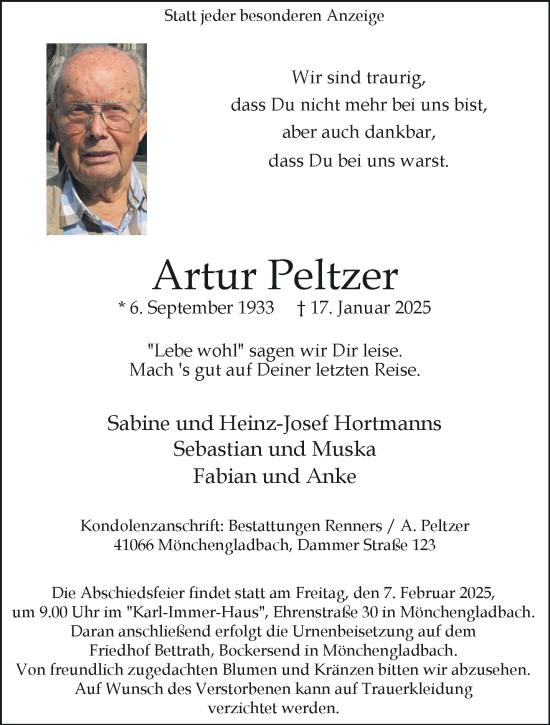 Traueranzeige von Artur Peltzer von trauer.extra-tipp-moenchengladbach.de