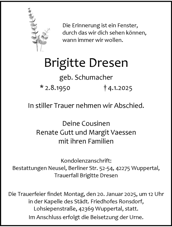 Traueranzeige von Brigitte Dresen von trauer.wuppertaler-rundschau.de