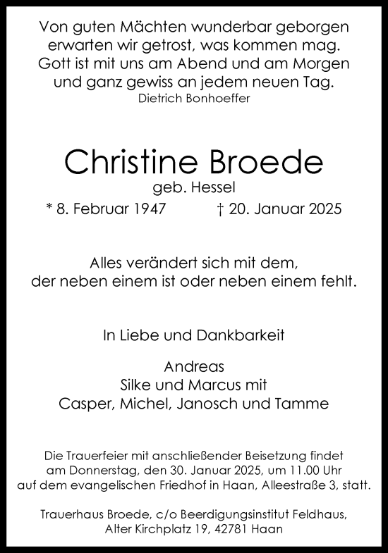 Traueranzeige von Christine Broede von trauer.duesseldorfer-anzeiger.de