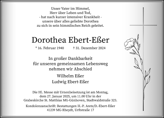 Traueranzeige von Dorothea Ebert-Eßer von trauer.extra-tipp-moenchengladbach.de