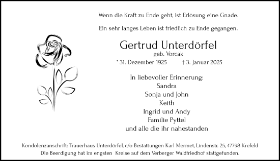 Traueranzeige von Gertrud Unterdörfel von trauer.extra-tipp-moenchengladbach.de