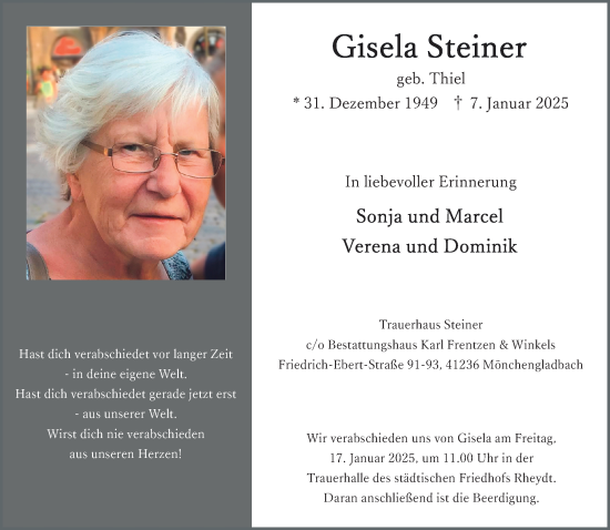 Traueranzeige von Gisela Steiner von trauer.extra-tipp-moenchengladbach.de