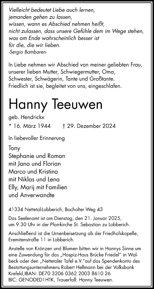 Traueranzeige von Hanny Teeuwen von trauer.extra-tipp-moenchengladbach.de