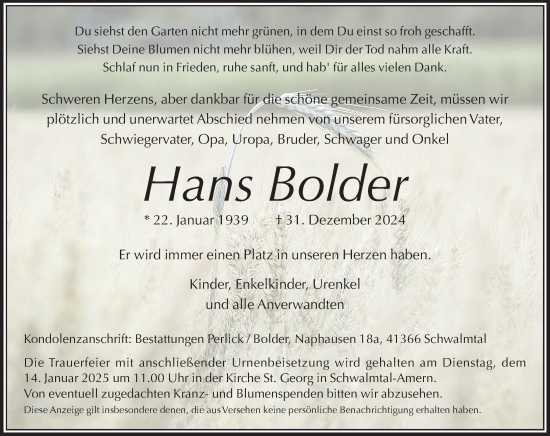 Traueranzeige von Hans Bolder von trauer.extra-tipp-moenchengladbach.de