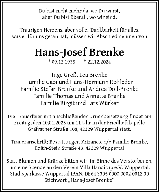 Traueranzeige von Hans-Josef Brenke von trauer.wuppertaler-rundschau.de