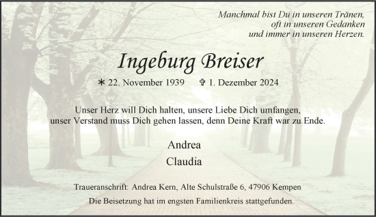 Traueranzeige von Ingeburg Breiser von trauer.extra-tipp-moenchengladbach.de