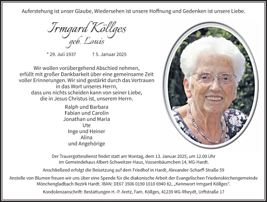 Traueranzeige von Irmgard Köllges von trauer.extra-tipp-moenchengladbach.de